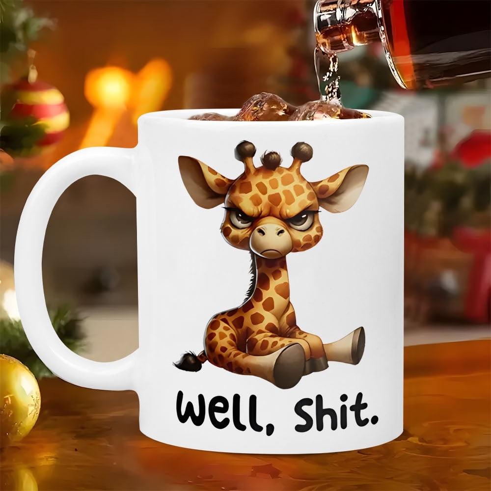 Tailorly White Ceramic 11 oz Mug - Well Shit Adorable Baby Giraffe Sitting With An Angry Face Expression Giraffe