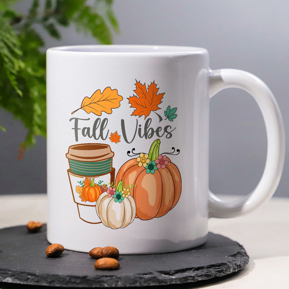 Tailorly White Ceramic 11 oz Mug - Fall Vibes Colorful Autumn Leaves And Coffee Cup Resting Beside A Harvest Pumpkin