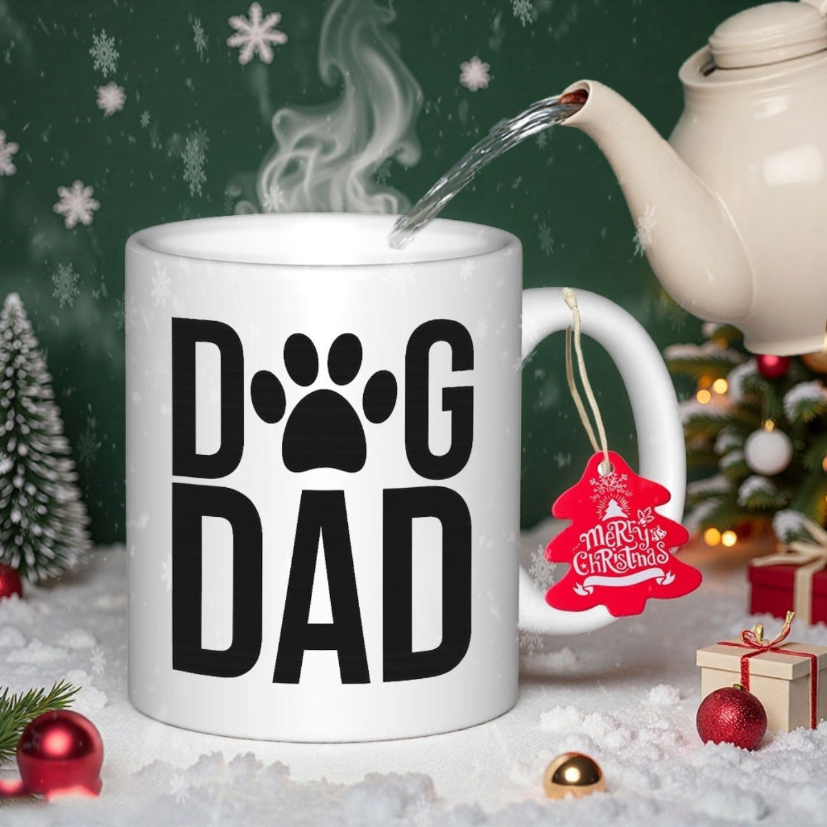 Tailorly White Ceramic 11 oz Mug - Dog Dad Simple Bold Black Lettering With A Minimalist Canine Print Paw