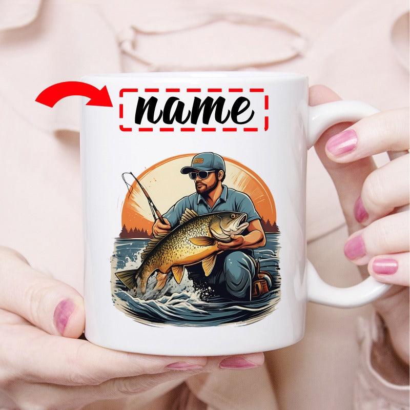 Tailorly White Ceramic 11 oz Mug - Name Experienced Fisherman Catching Large Jumping Bass Under Vibrant Sunset Glowing Waves Fisherman