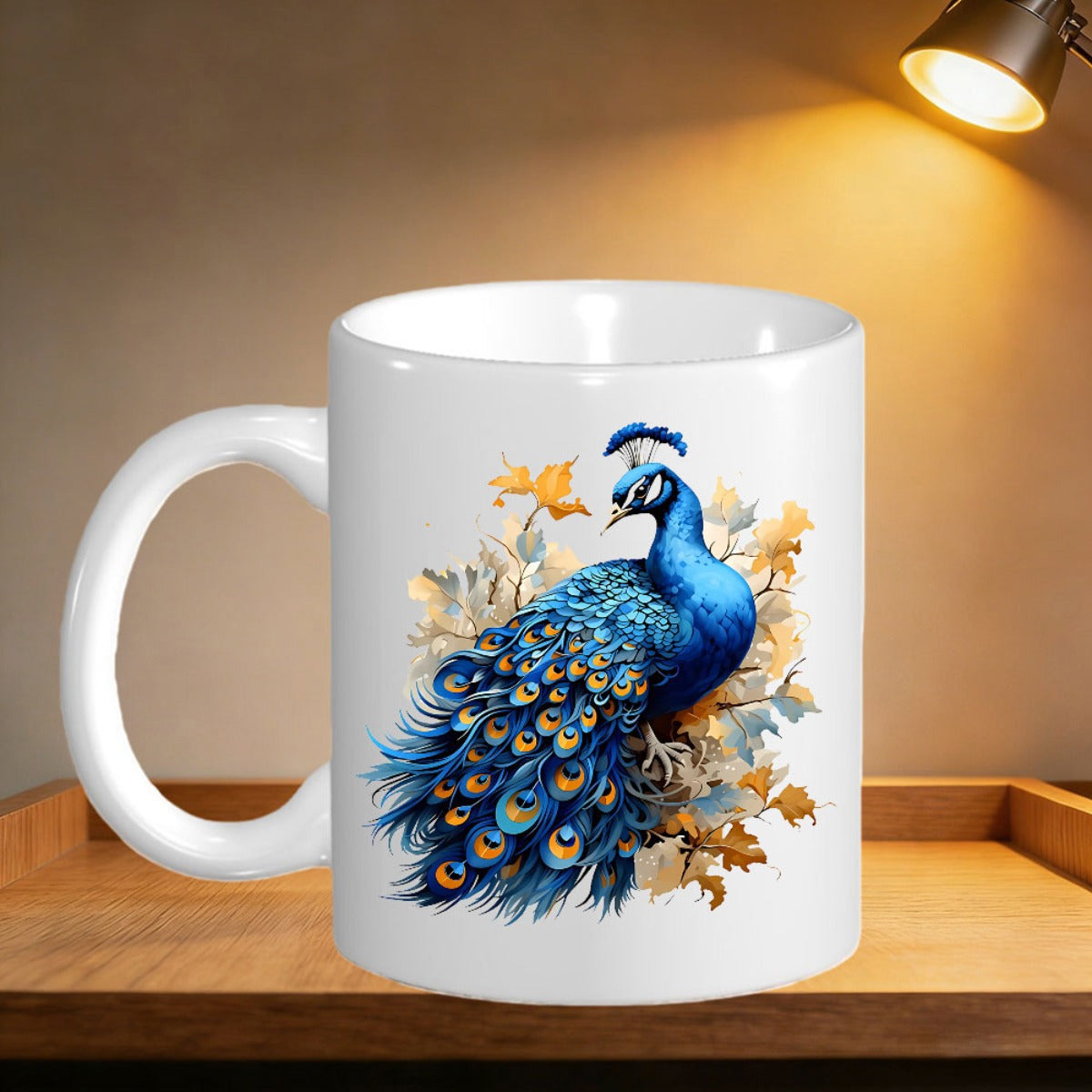 Tailorly White Ceramic 11 oz Mug - Vibrant Blue Feathers With Intricate Tail Patterns Among Golden Leaves Peacock
