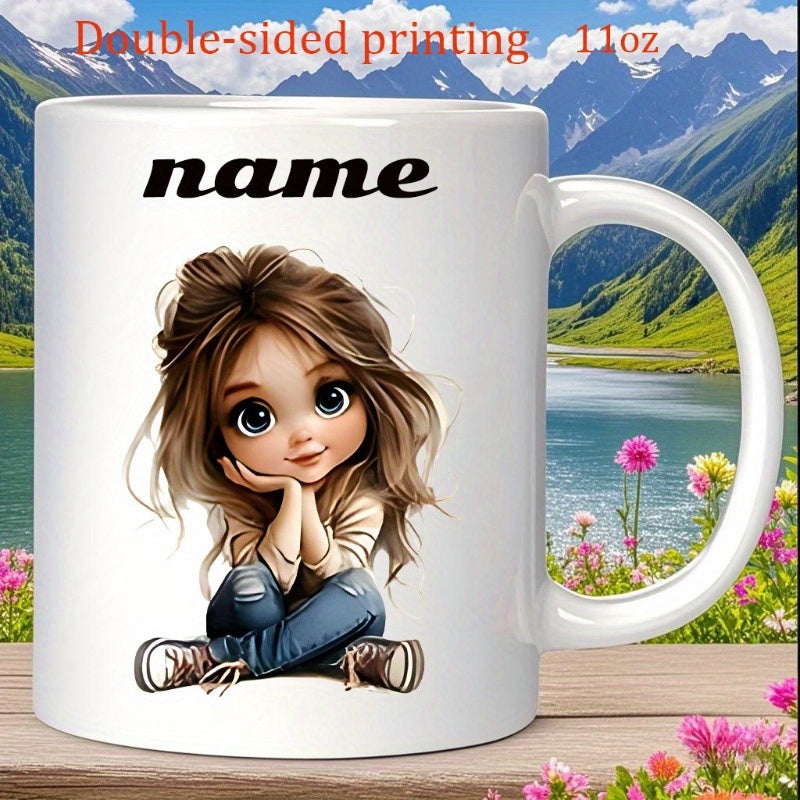 Tailorly White Ceramic 11 oz Mug - Name Cute Little Sitting Character With Messy Brown Hair And Big Eyes Girl