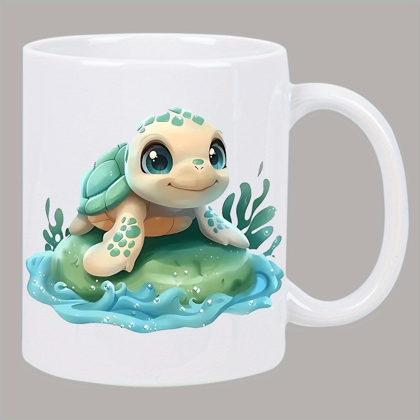 Tailorly White Ceramic 11 oz Mug - Adorable Green Baby Turtle Sitting On Mossy Rock In Splashing Water Turtle