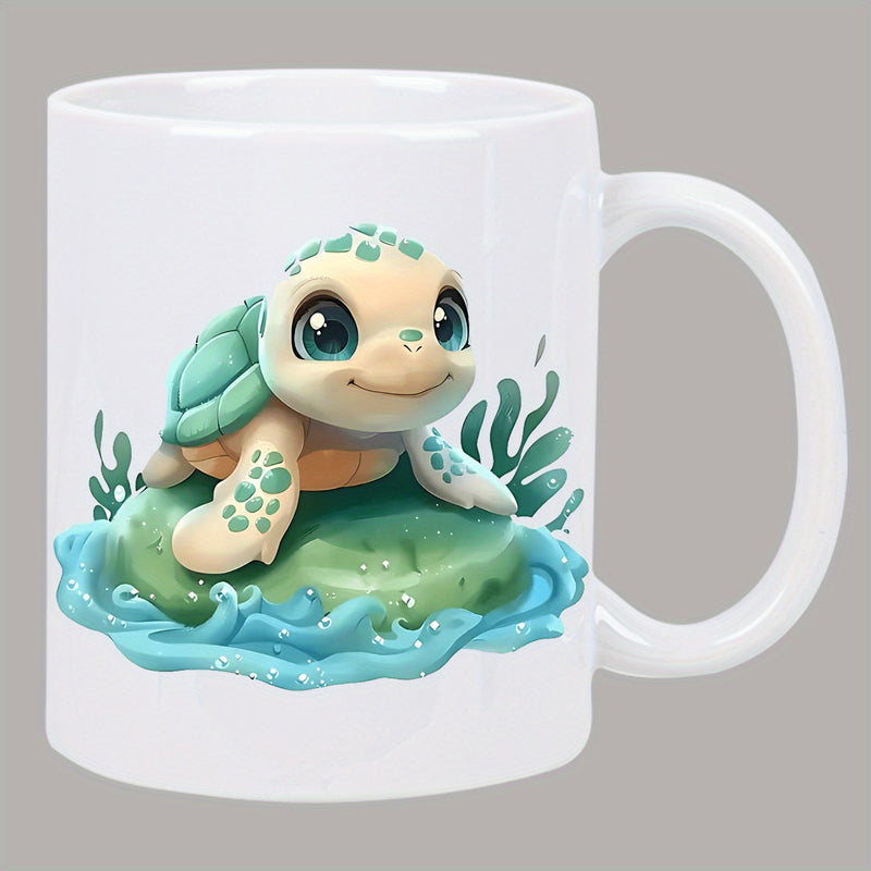 Tailorly White Ceramic 11 oz Mug - Adorable Green Baby Turtle Sitting On Mossy Rock In Splashing Water Turtle