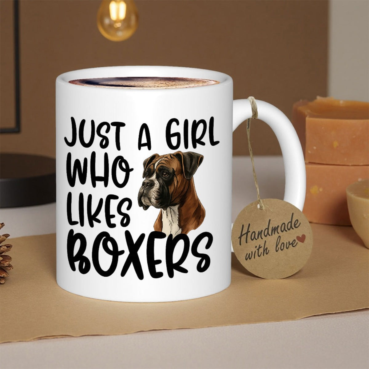 Tailorly White Ceramic 11 oz Mug - Just A Girl Who Likes Boxers Realistic Brown And White Fur With Attentive Ears And Soulful Eyes Boxer