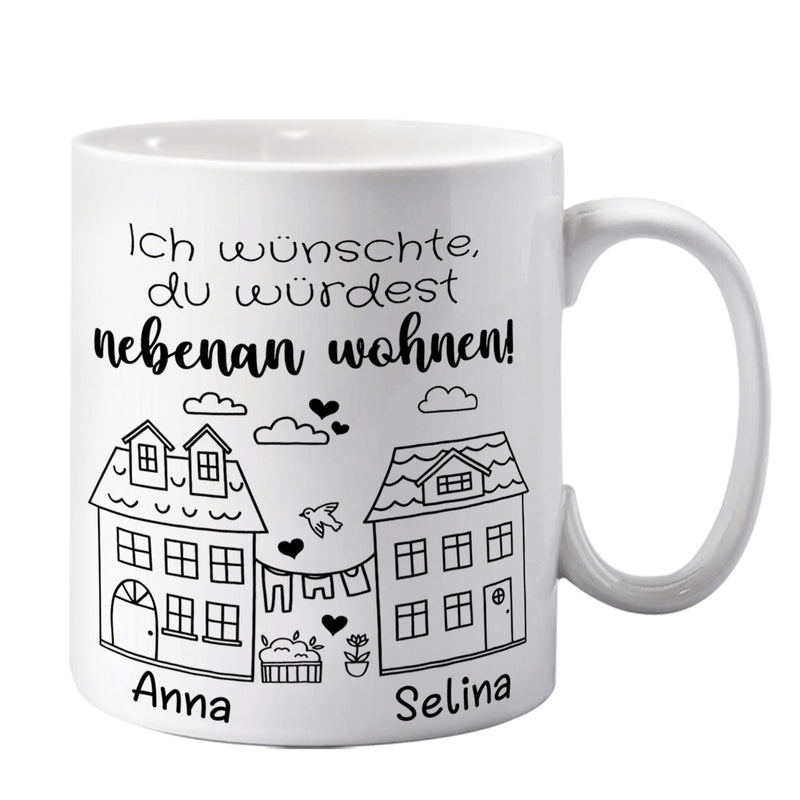 Tailorly White Ceramic 11 oz Mug - Minimalist Artistic Illustration Of Two Charming Neighboring Homes With Hearts House