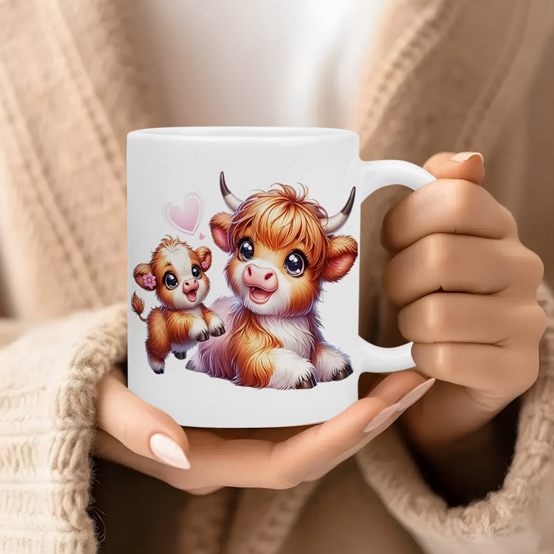 Tailorly White Ceramic 11 oz Mug - Adorable Fluffy Highland Cows Resting Together With A Tiny Pink Heart Cow