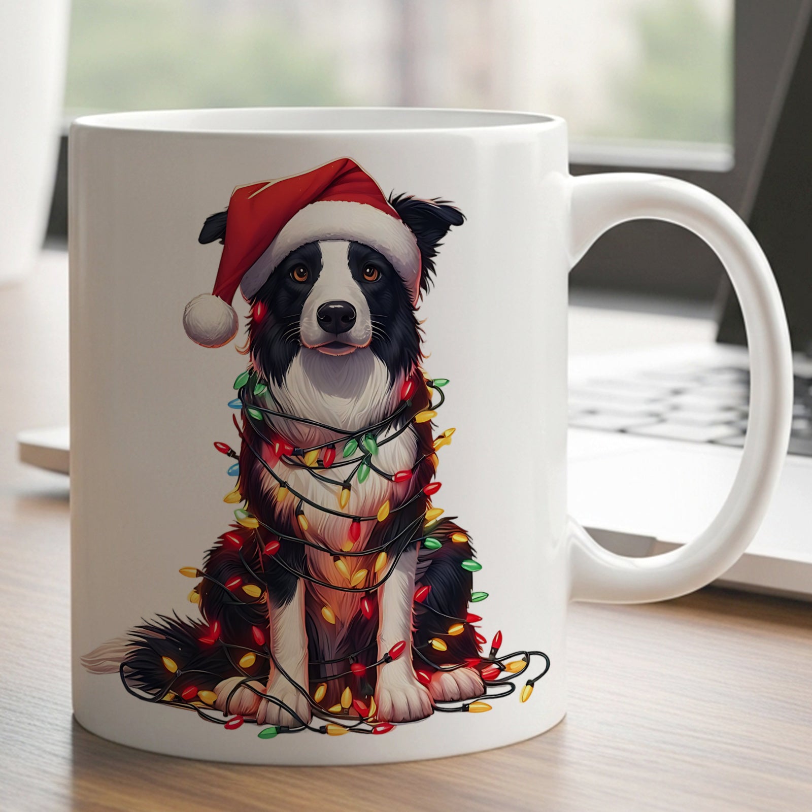 Tailorly White Ceramic 11 oz Mug - Festive Border Collie Wearing Red Santa Hat Wrapped In Twinkling Holiday Lights Dog