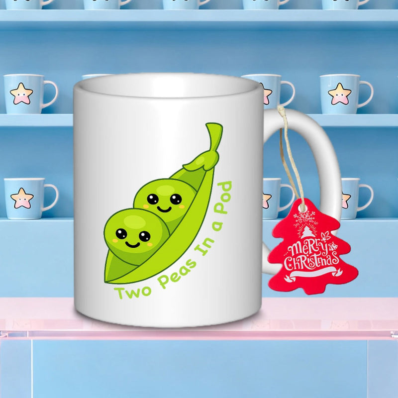 Tailorly White Ceramic 11 oz Mug - Two Peas In A Pod Smiling Green Cartoon Peas Nested Inside Bright Curved Garden Vegetable Pod