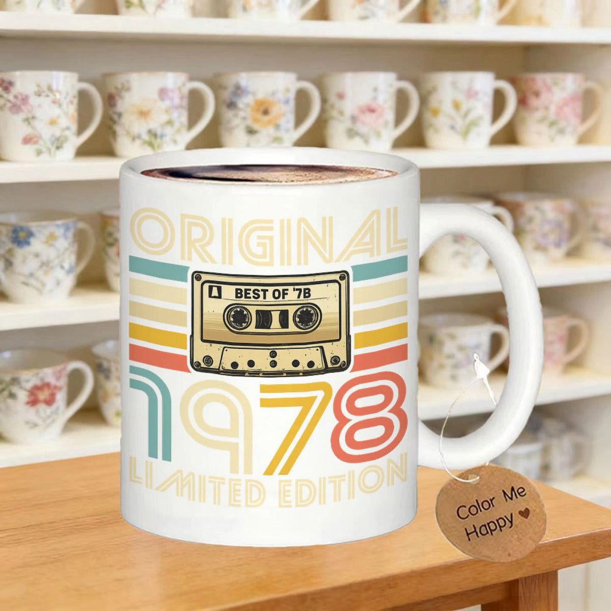 Tailorly White Ceramic 11 oz Mug - Original 1978 Limited Edition Vintage Audio Tape With Retro Sunset Stripes And Artistic Lines Cassette