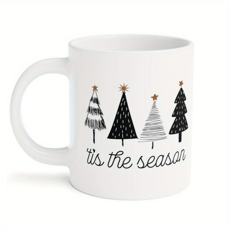 Tailorly White Ceramic 11 oz Mug - Tis The Season Hand Drawn Minimalist Christmas Trees With Golden Stars Tree