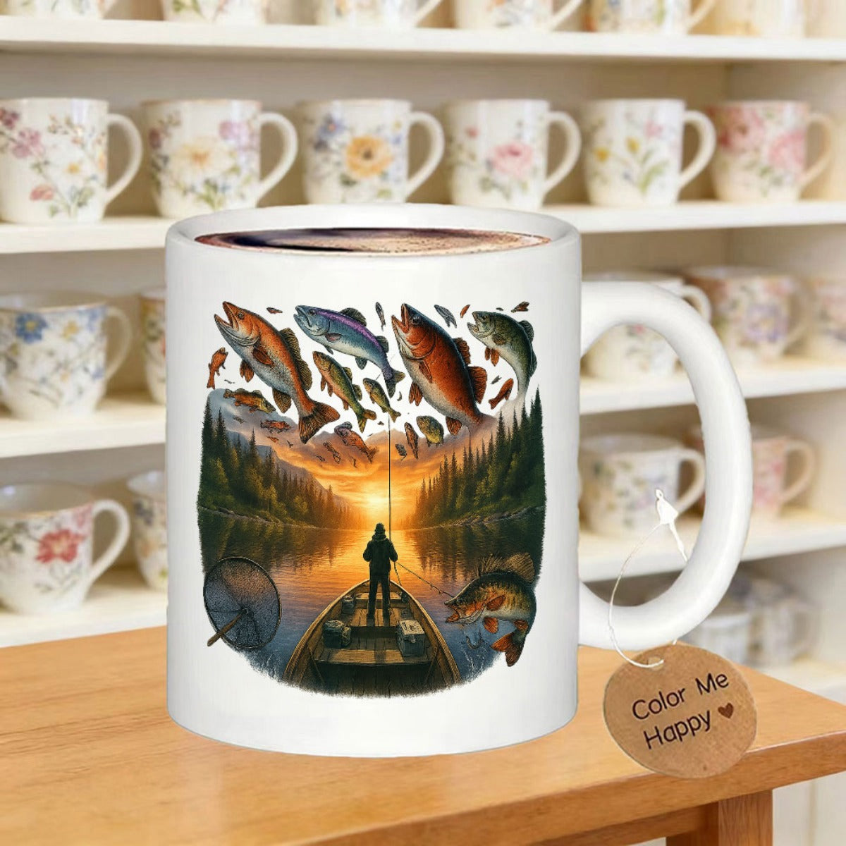 Tailorly White Ceramic 11 oz Mug - Peaceful Sunset Lake Scene With Vibrant Leaping Bass And Fisherman