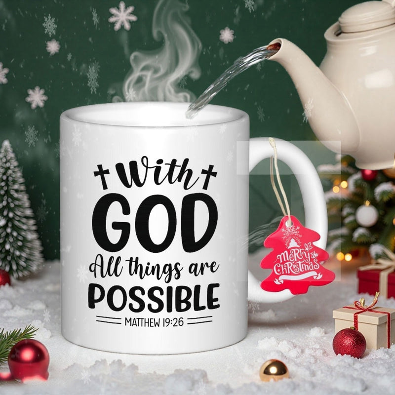 Tailorly White Ceramic 11 oz Mug - With God All Things Are Possible Matthew Elegant Black Script Typography With Small Minimalist Decorative Crosses Mug