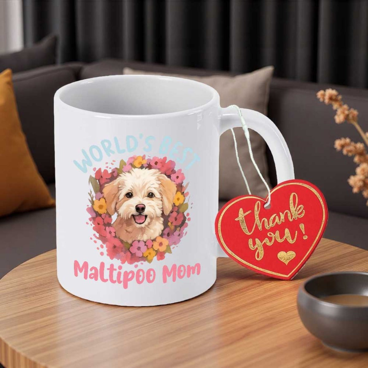Tailorly White Ceramic 11 oz Mug - World's Best Maltipoo Mom Adorable Small Puppy Surrounded By Vibrant Colorful Spring Flower Wreath Maltipoo
