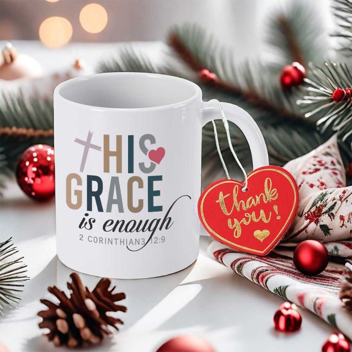 Tailorly White Ceramic 11 oz Mug - This Grace Is Enough Inspirational Religious Scripture With Elegant Cursive Script And Symbolic Cross Mug