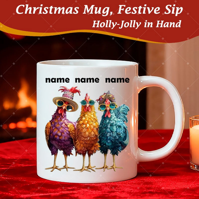 Tailorly White Ceramic 11 oz Mug - Name Name Name Three Colorful Chickens Wearing Funky Sunglasses And Festive Hats Standing Together Chicken