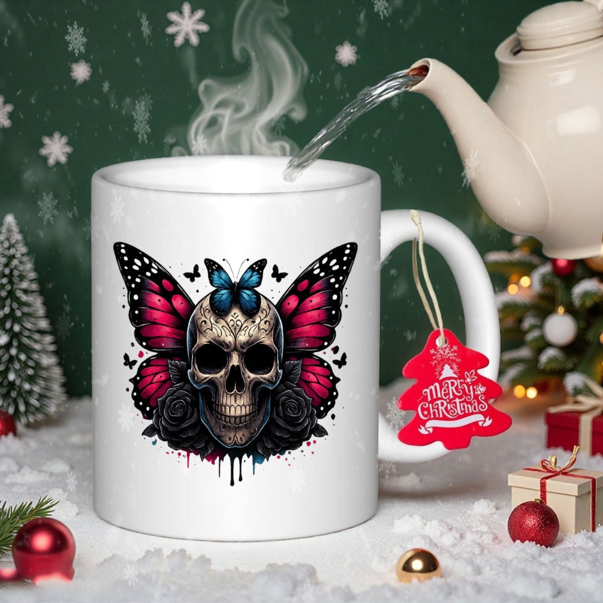 Tailorly White Ceramic 11 oz Mug - Merry Christmas Intricate Gothic Design With Pink Butterfly Wings And Roses Skull