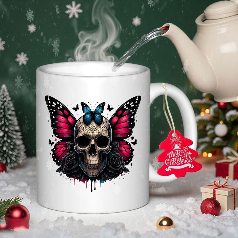 Tailorly White Ceramic 11 oz Mug - Merry Christmas Intricate Gothic Design With Pink Butterfly Wings And Roses Skull