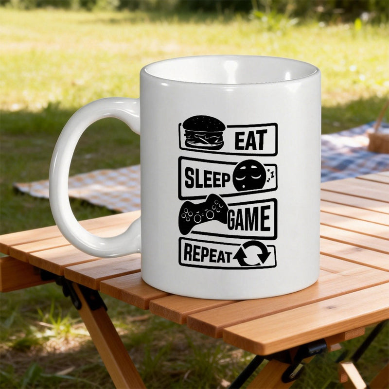 Tailorly White Ceramic 11 oz Mug - Eat Sleep Game Repeat Minimalist Icons Highlighting Daily Gamer Routine Including Food Sleep And Controller