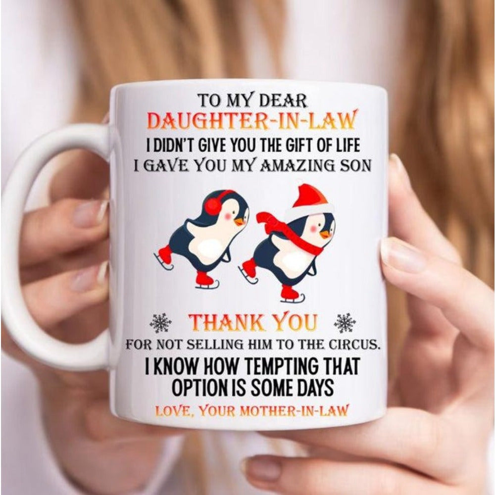 Tailorly White Ceramic 11 oz Mug - To My Dear Daughter In Law Two Cute Cartoon Penguins Ice Skating Wearing Red Winter Hats And Skates Penguin