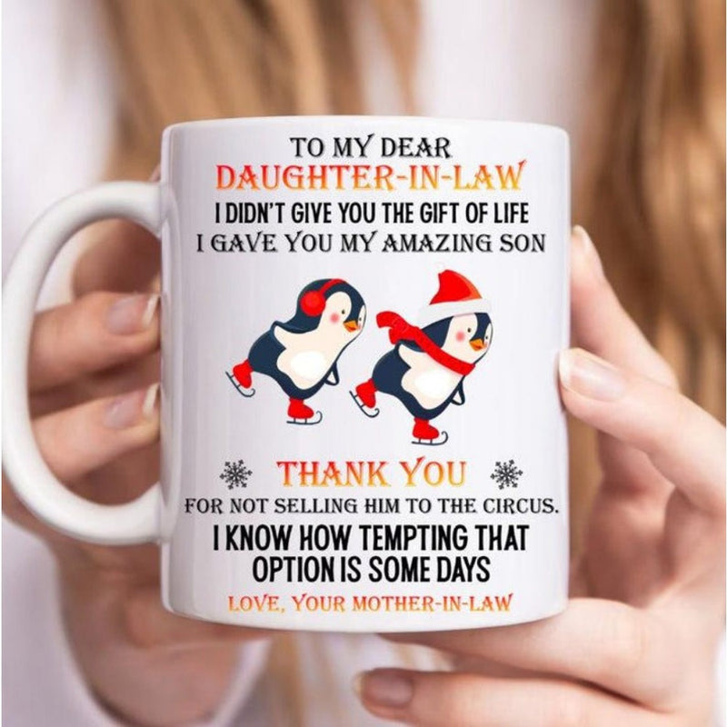 Tailorly White Ceramic 11 oz Mug - To My Dear Daughter In Law Two Cute Cartoon Penguins Ice Skating Wearing Red Winter Hats And Skates Penguin