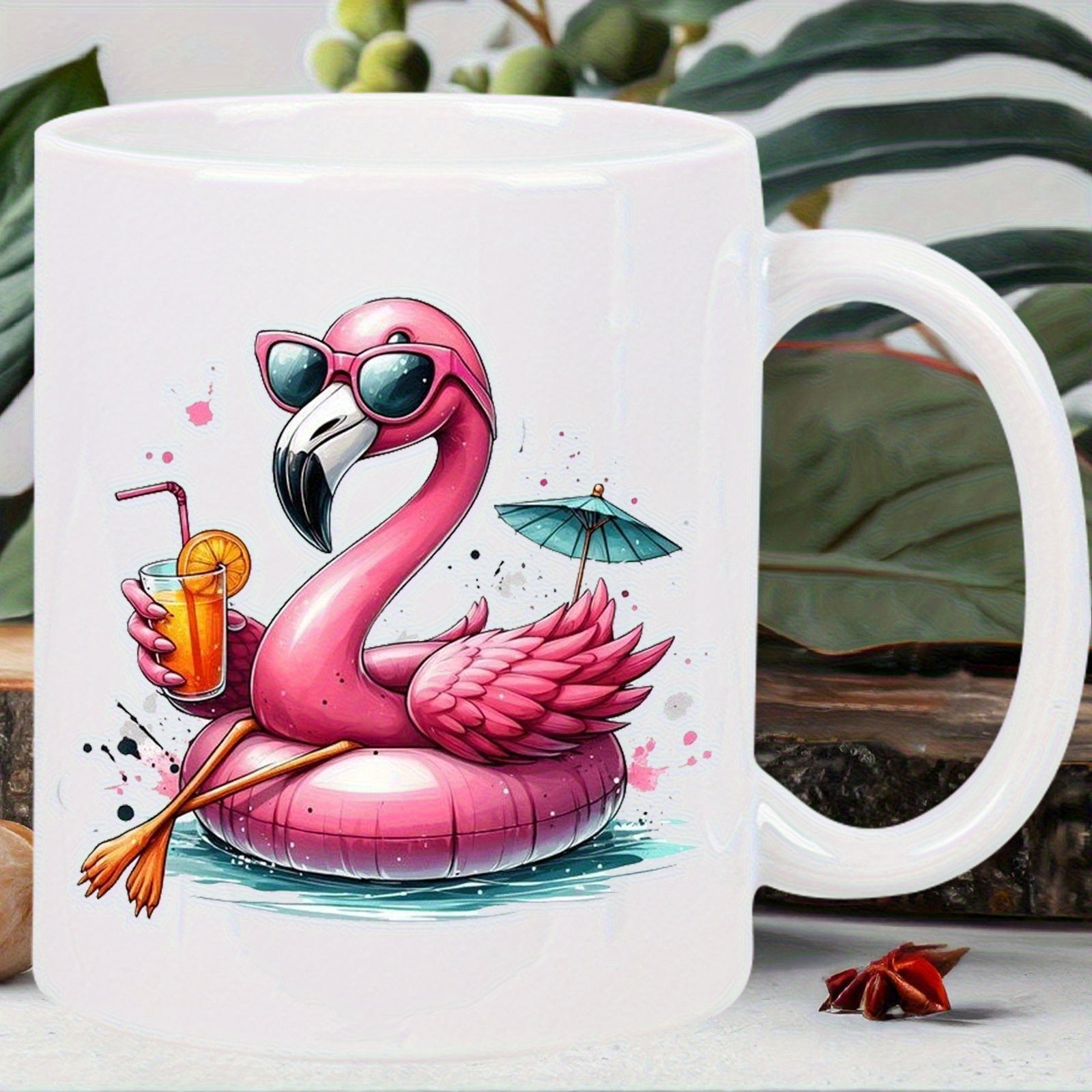 Tailorly White Ceramic 11 oz Mug - Tropical Pink Bird Wearing Sunglasses Floating On Water Holding A Summer Drink Flamingo