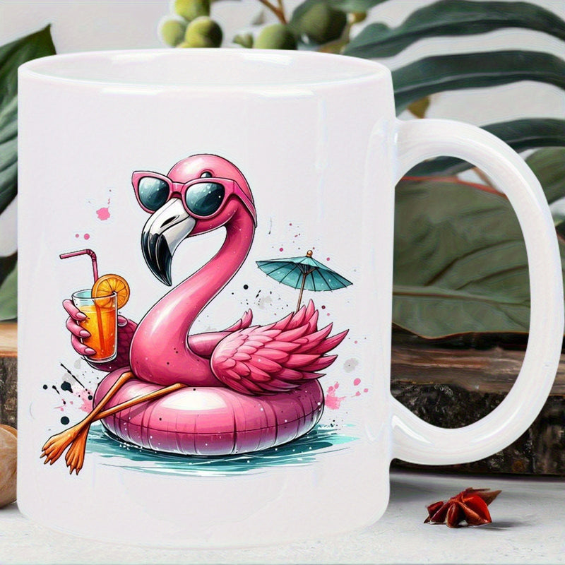 Tailorly White Ceramic 11 oz Mug - Tropical Pink Bird Wearing Sunglasses Floating On Water Holding A Summer Drink Flamingo
