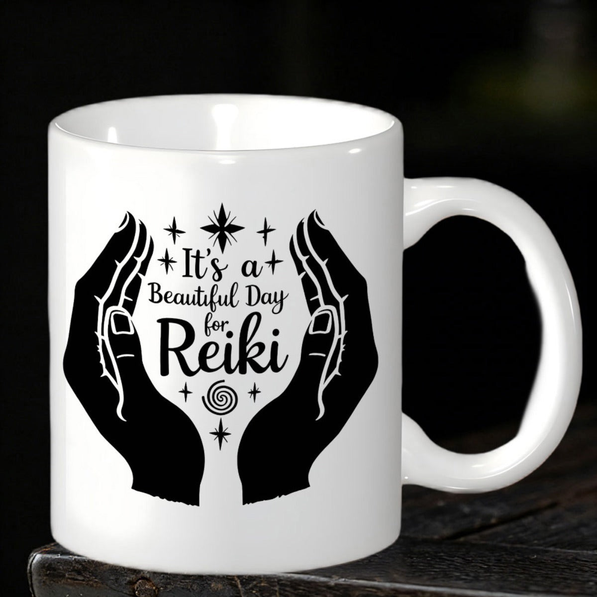 Tailorly White Ceramic 11 oz Mug - Its A Beautiful Day For Reiki Spiritual Healing With Shimmering Stars And Mystic Energy Swirl Hands