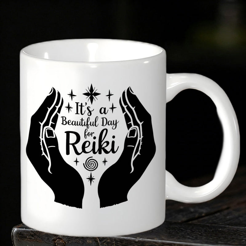 Tailorly White Ceramic 11 oz Mug - Its A Beautiful Day For Reiki Spiritual Healing With Shimmering Stars And Mystic Energy Swirl Hands