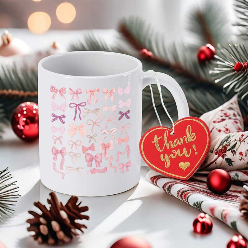 Tailorly White Ceramic 11 oz Mug - Thank You Delicate Pink And Purple Decorative Ribbons Arranged On Ceramic Bow