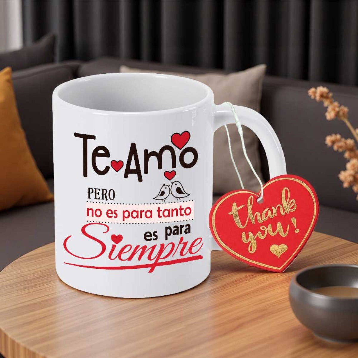Tailorly White Ceramic 11 oz Mug - Thank You Ceramic Cup With Decorative Red Hearts And Small Flying Birds Mug