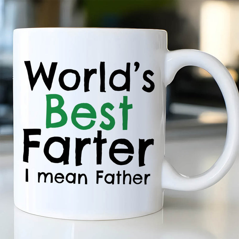 Tailorly White Ceramic 11 oz Mug - Worlds Best Farter I Mean Father Humorous Bold Typography Design Featuring Contrasting Black And Green Text Mug