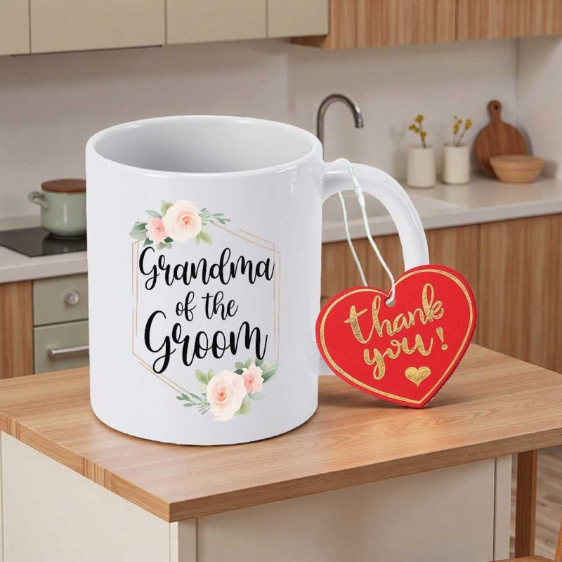 Tailorly White Ceramic 11 oz Mug - Grandma Of The Groom Thank You Delicate Hexagonal Golden Frame With Soft Pink Blooming Roses Flower