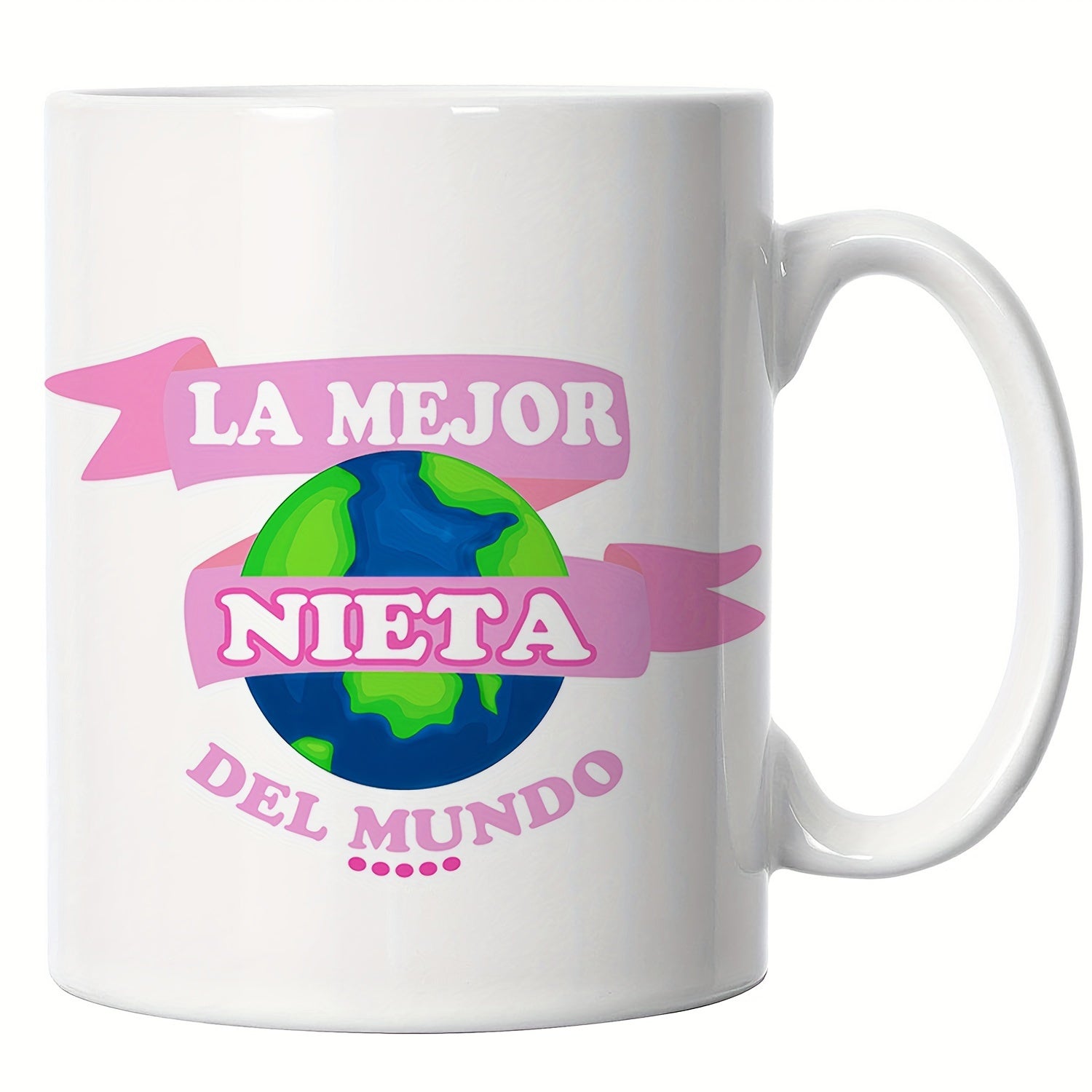 Tailorly White Ceramic 11 oz Mug - Vibrant Colorful Planet Earth Wrapped With Elegant Pink Ribbons Stylized Globe
