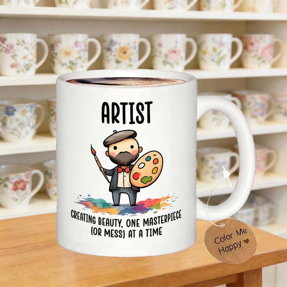 Tailorly White Ceramic 11 oz Mug - Artist Creating Beauty One Masterpiece Or Mess At A Time Cartoon Painter Holding Palette And Brush Standing Over Colorful Paint