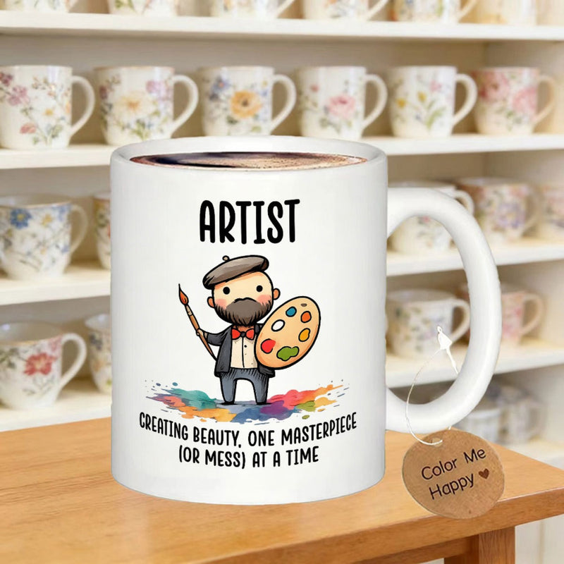 Tailorly White Ceramic 11 oz Mug - Artist Creating Beauty One Masterpiece Or Mess At A Time Cartoon Painter Holding Palette And Brush Standing Over Colorful Paint