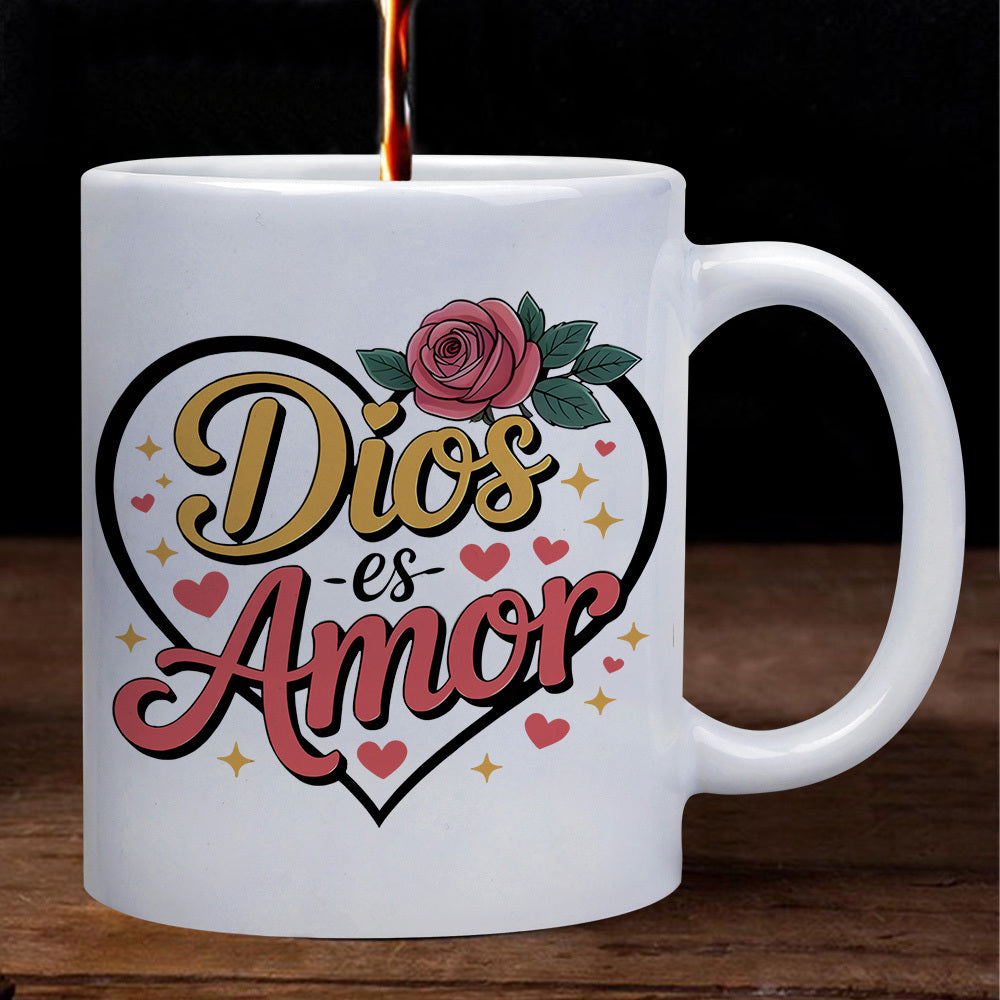Tailorly White Ceramic 11 oz Mug - Elegant Outline With Pink Blooming Rose And Decorative Floating Sparkles Heart