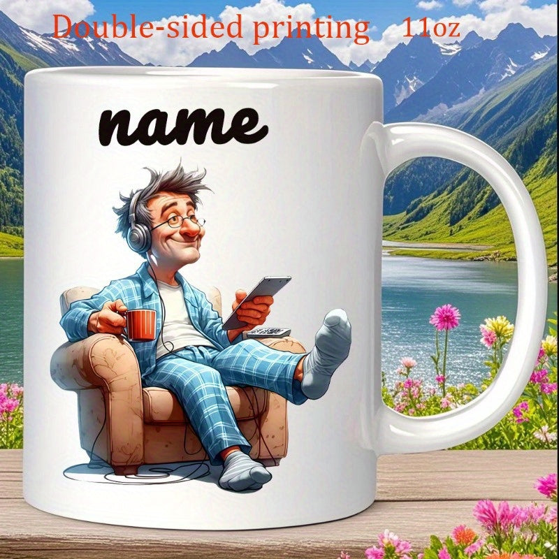 Tailorly White Ceramic 11 oz Mug - Name Relaxed Elderly Man In Blue Pajamas Sitting In Comfortable Armchair Man
