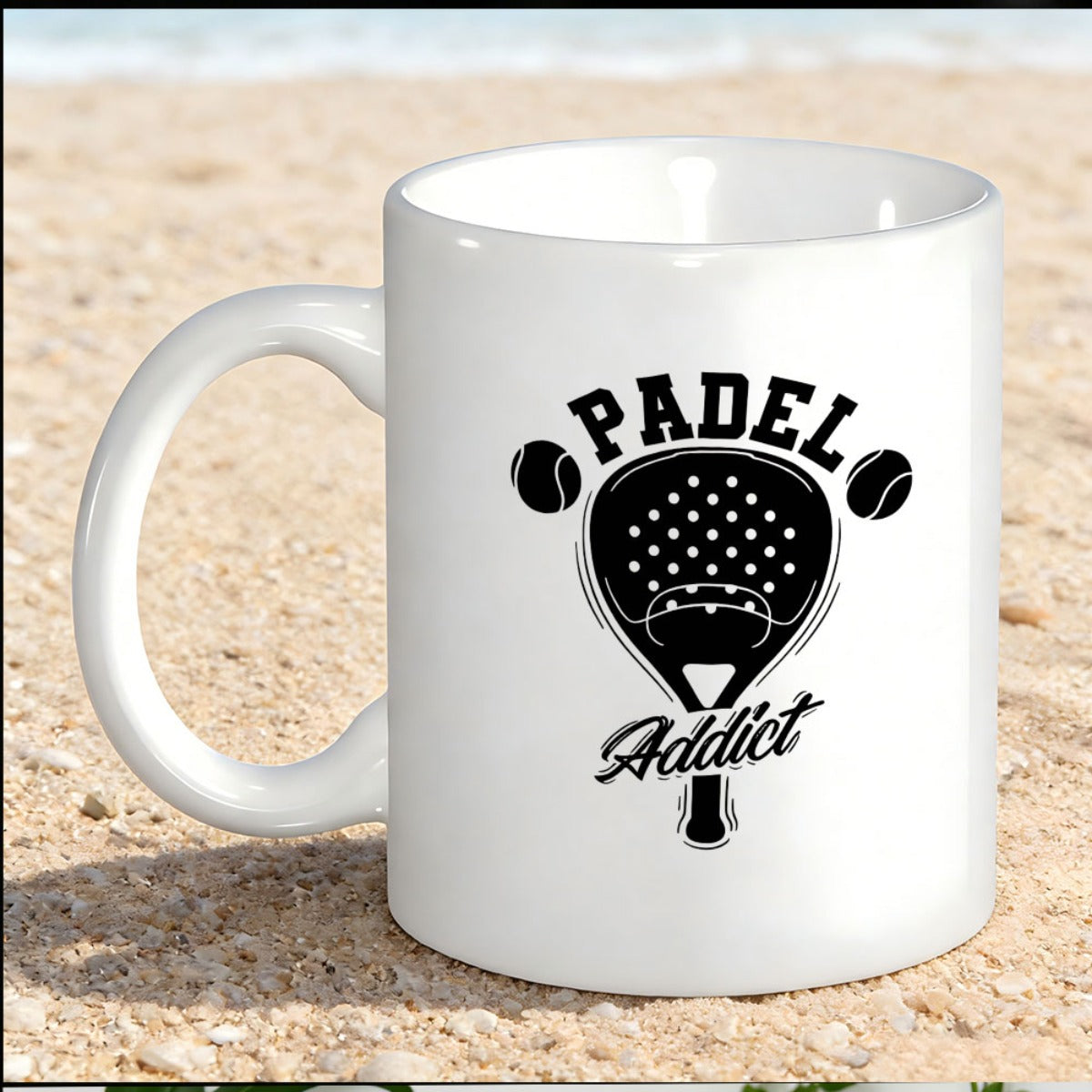 Tailorly White Ceramic 11 oz Mug - Padel Addict Minimalist Black Sporting Racket Design Accompanied By Floating Textured Balls Racket