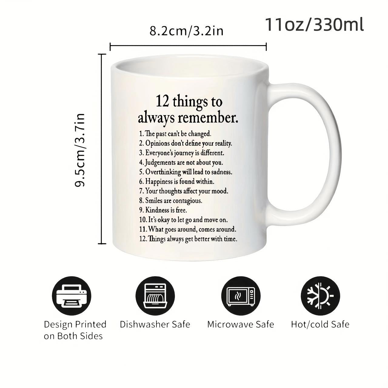 Tailorly White Ceramic 11 oz Mug - Twelve Things To Always Remember Inspirational Daily Wisdom Listed In Clean Elegant Minimalist Typography Style Sign