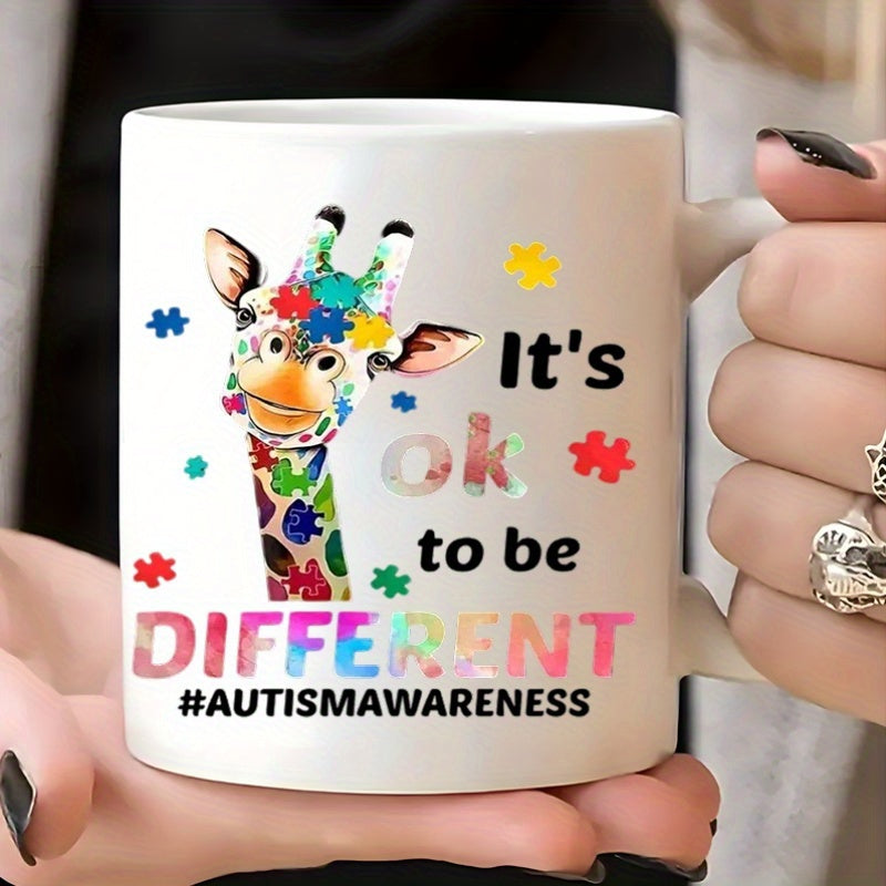 Tailorly White Ceramic 11 oz Mug - Its Ok To Be Different Autism Awareness Colorful Puzzle Patterns Covering A Gentle Cartoon Animal Head Giraffe