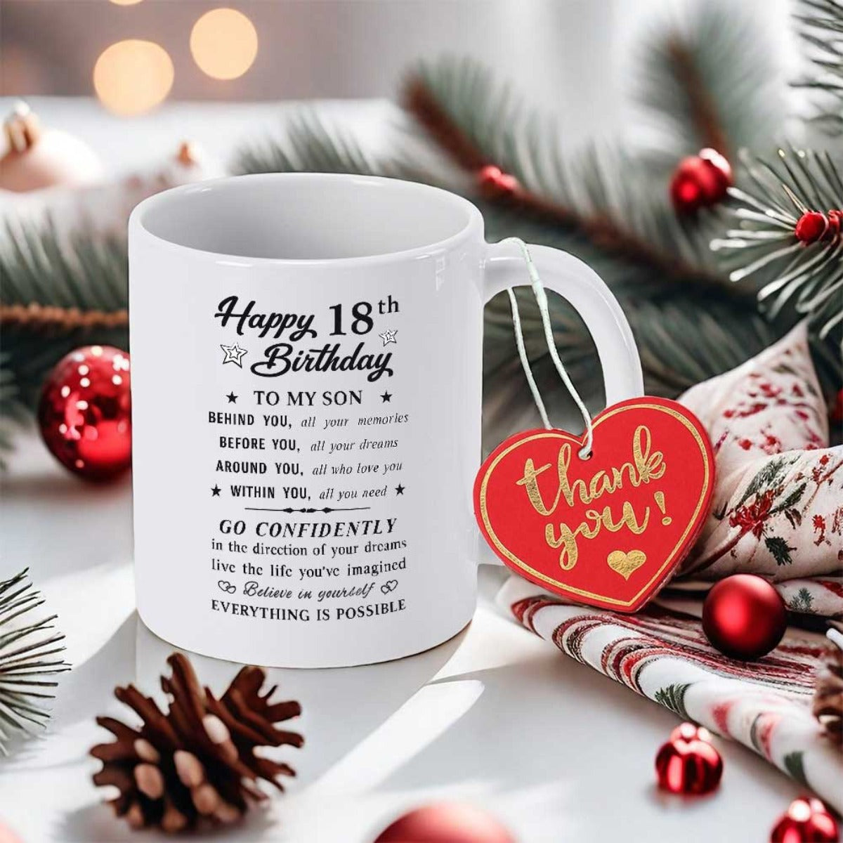 Tailorly White Ceramic 11 oz Mug - Happy 18th Birthday To My Son Go Confidently Everything Is Possible Thank You Festive Holiday Elements Surrounding A Glossy