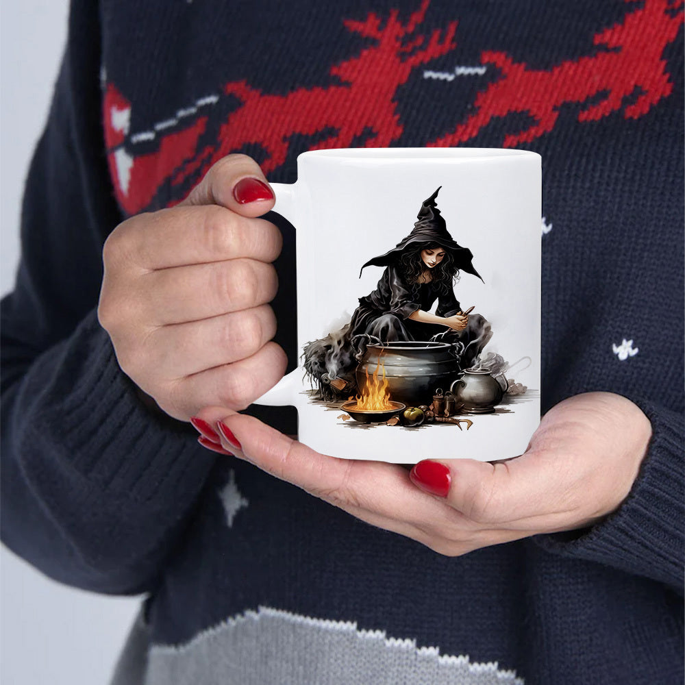 Tailorly White Ceramic 11 oz Mug - Mysterious Dark Figure Brewing Magical Potion Over Glowing Fire Cauldron Witch