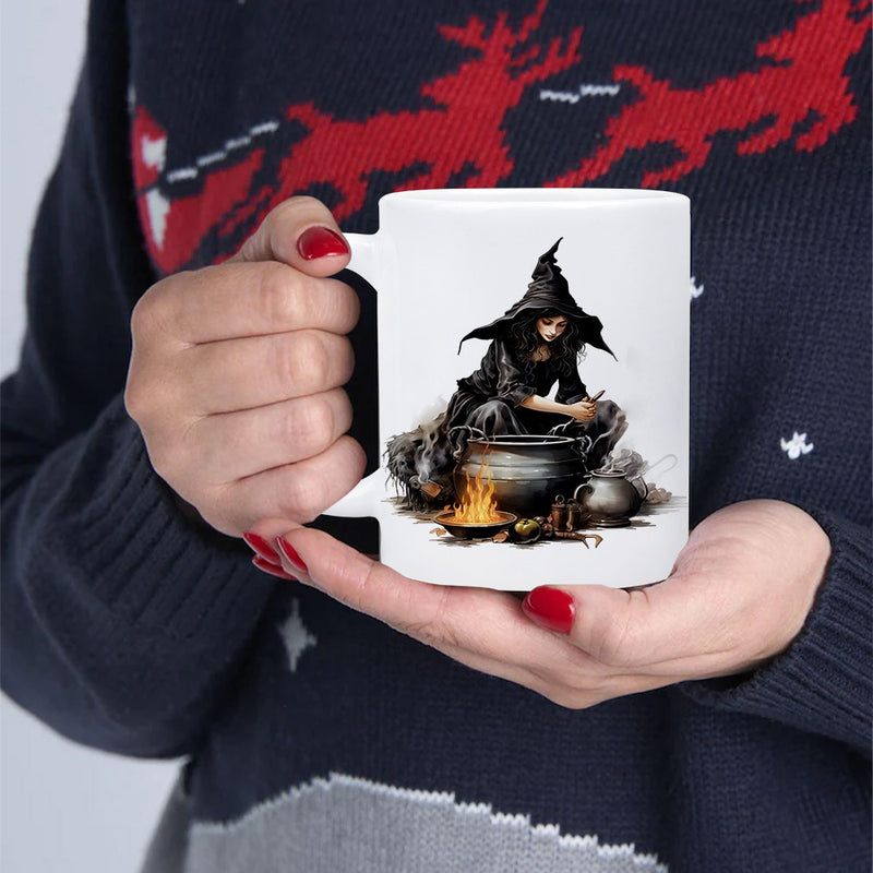 Tailorly White Ceramic 11 oz Mug - Mysterious Dark Figure Brewing Magical Potion Over Glowing Fire Cauldron Witch