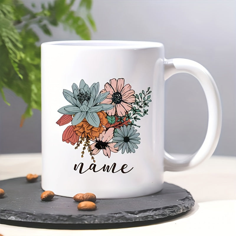Tailorly White Ceramic 11 oz Mug - Name Vibrant Floral Bouquet Featuring Succulents And Daisies Among Green Leaves Bouquet