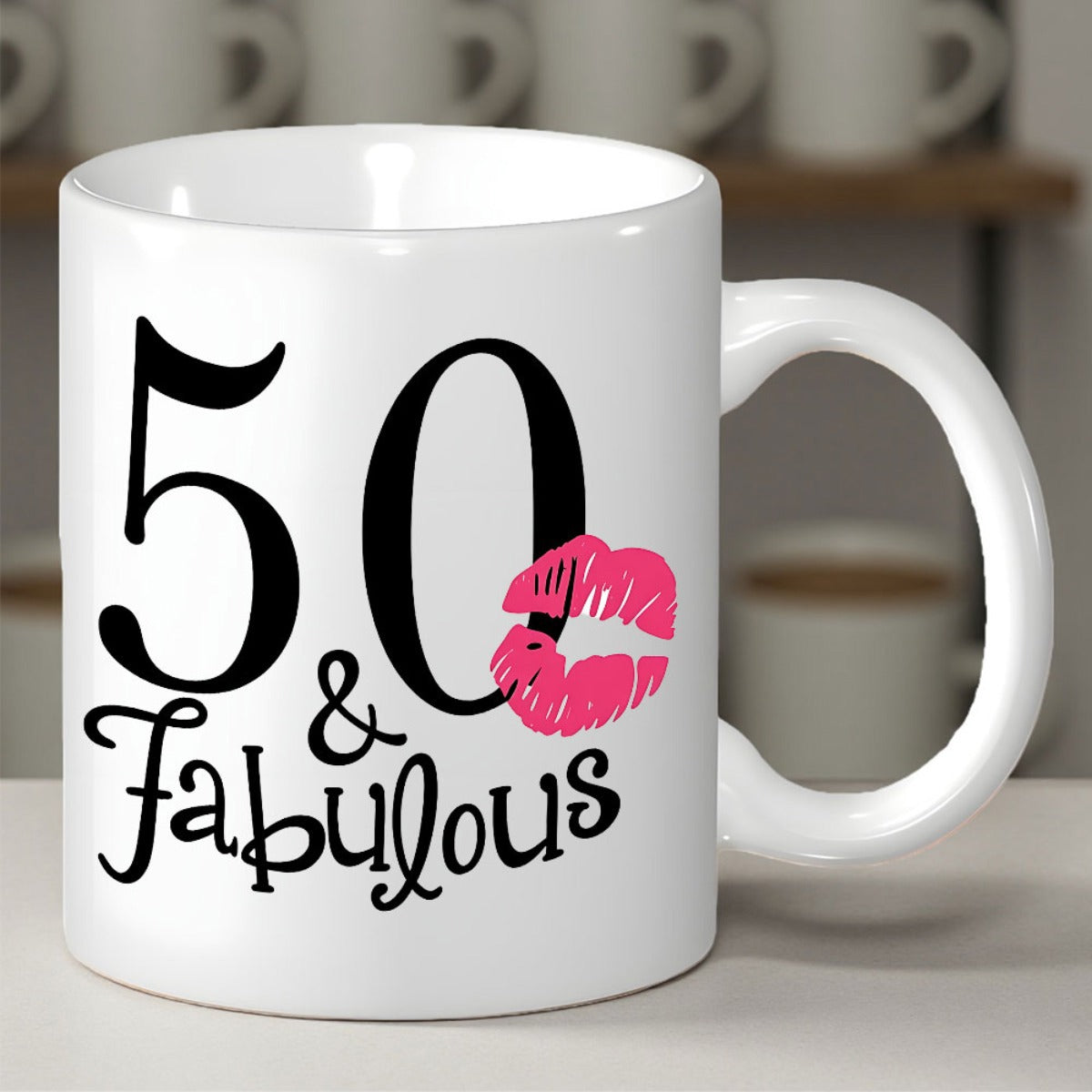 Tailorly White Ceramic 11 oz Mug - 50 Fabulous Stylish Pink Lipstick Mark With Elegant Script Typography And Bold Lips