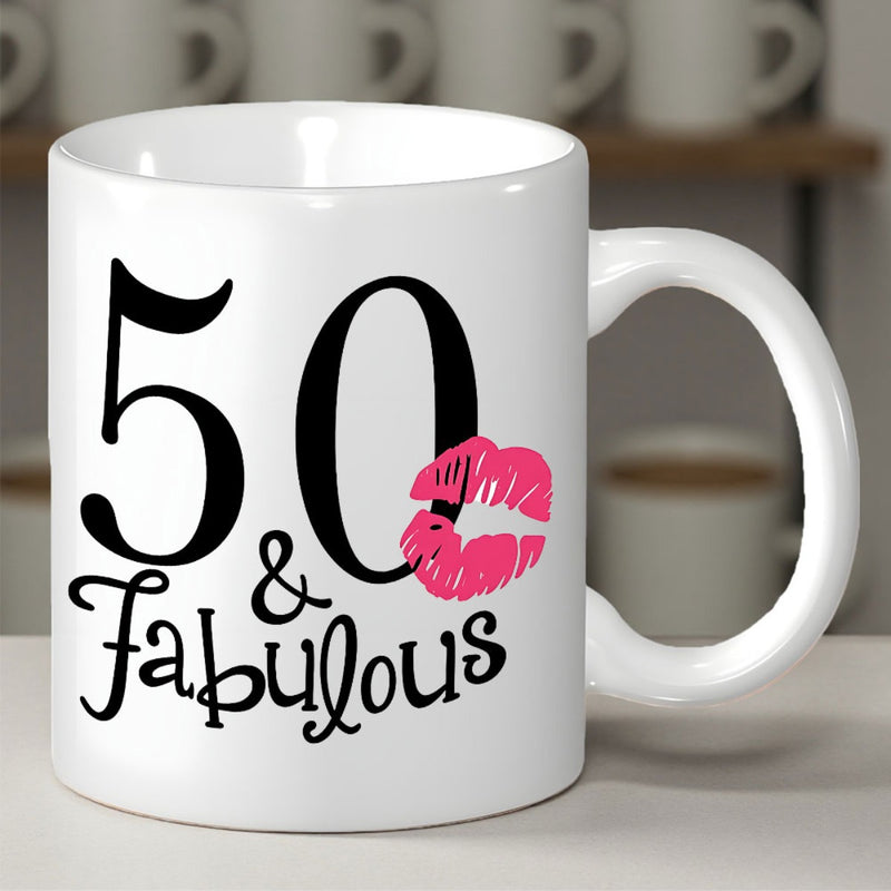 Tailorly White Ceramic 11 oz Mug - 50 Fabulous Stylish Pink Lipstick Mark With Elegant Script Typography And Bold Lips