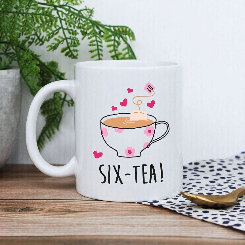 Tailorly White Ceramic 11 oz Mug - Six Tea Elegant Floral Pattern Teacup With Steaming Tea Bag And Floating Hearts Teacup