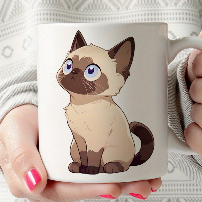 Tailorly White Ceramic 11 oz Mug - Adorable Chibi Style Siamese Feline With Big Blue Eyes Sitting Calmly Cat