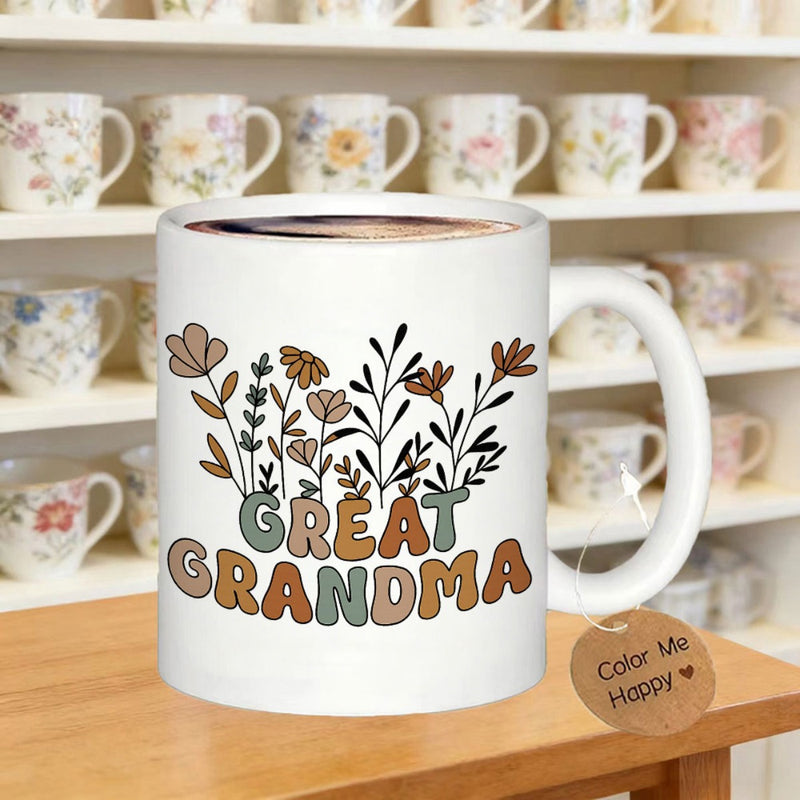 Tailorly White Ceramic 11 oz Mug - Great Grandma Earthy Toned Wildflowers Growing Naturally In A Meadow Garden Flower